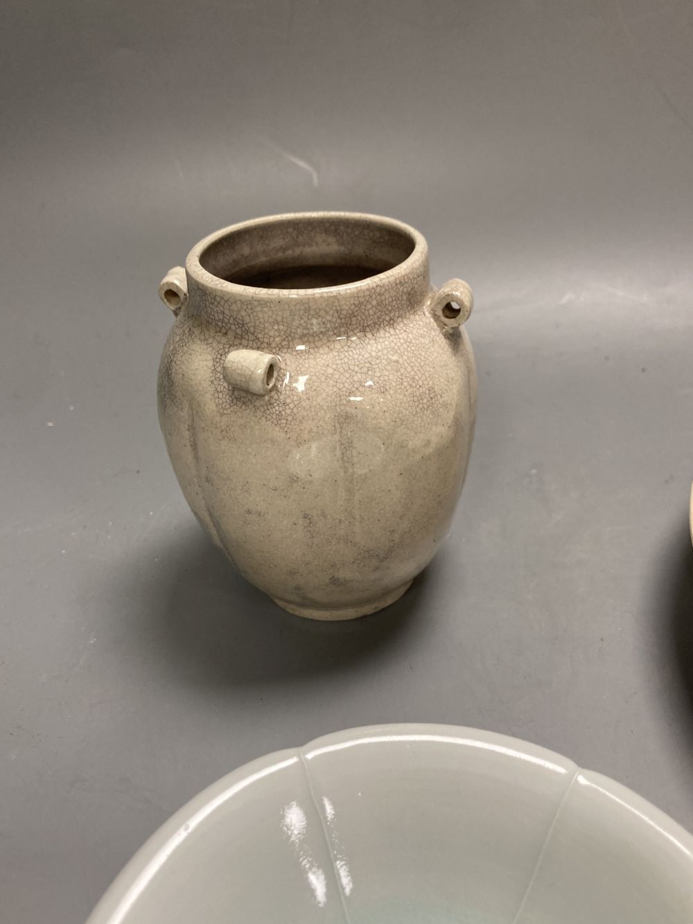 A Chinese Ding type dish, 21.5cm a similar lobed jarlet, possibly Yuan, a Qingbai style dish and another jar,